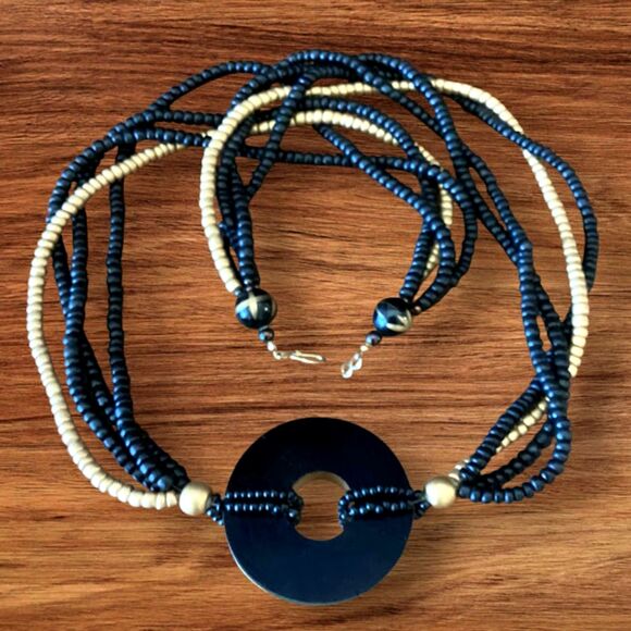 Vintage Wooden Beaded Four Strand Necklace w Round Pendant Black/Gold - Picture 3 of 6